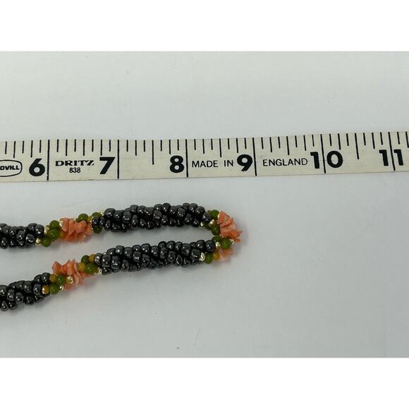 American Vintage Jewelry Necklace 70s Multistrand Hematite Twist Coral Flowers - Picture 5 of 7